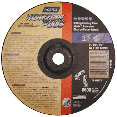 Norton Co Grinding Wheel, Depressed Center, Type 27 - Metal - NorZon Plus, Size: 9 x 1/8 x 7/8, Max RPM: 6600 662530-48896